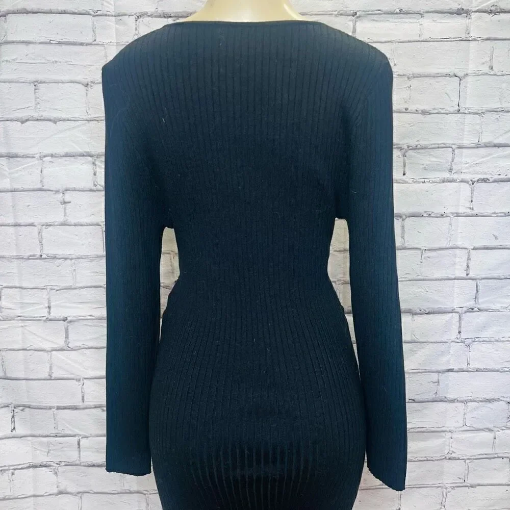 Good American Womens Black Ribbed Tie Waist Long Sleeve Sweater Dress Sz 4 NWOT